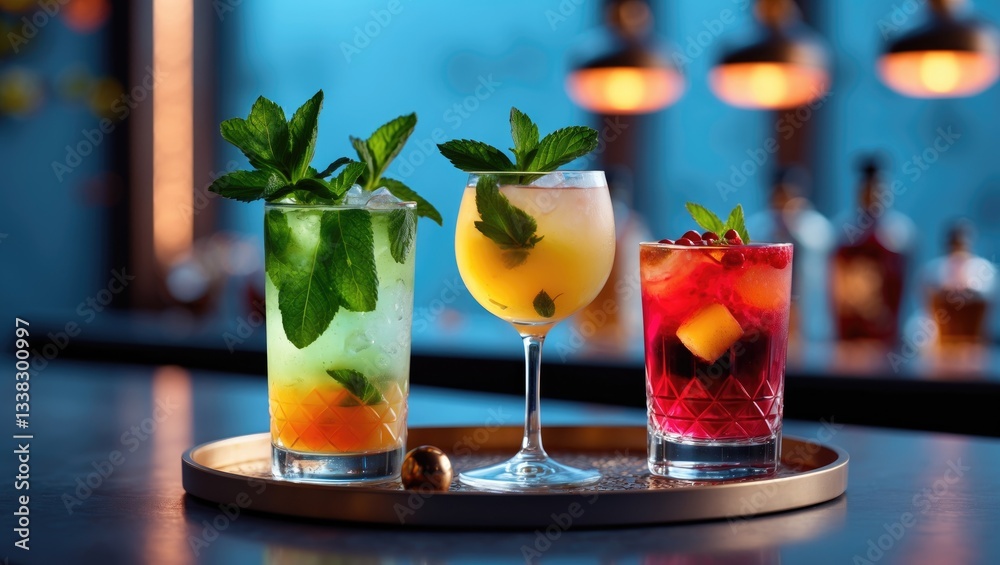 Poster two colorful cocktails decorated with mint leaves are placed on a tray in a stylish, softly illumina