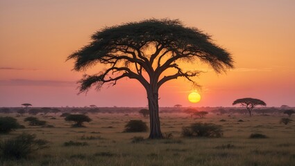 Fototapeta premium lone tree in savannah at sunrise