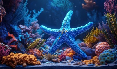 Vibrant blue starfish among colorful coral reef in underwater scene