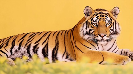 Majestic tiger resting on yellow background