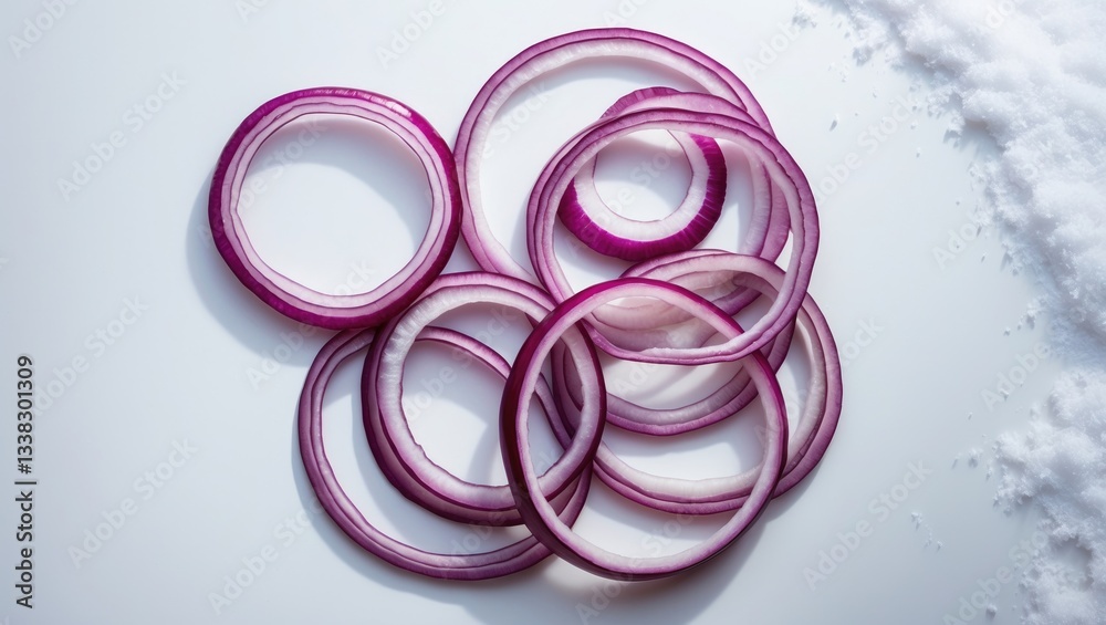 Poster Red onion rings separated on a white background. Aerial view. Flat lay. Red onion slice hovering, without a shadow.