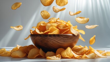 Delicious potato chips cascading into a wooden bowl, set against a white background.