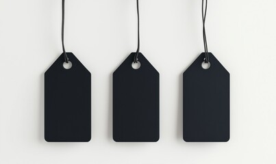 Blank black tags hanging on strings for labeling and branding purposes