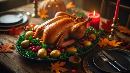 Thanksgiving Dinner. Roasted turkey adorned with potatoes, vegetables, and cranberries on a rustic table decorated with leaves and candles.