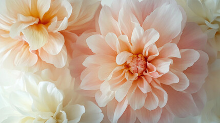 Obraz premium A soft watercolor wash of peonies and dahlias in gentle pastel tones of peach, cream, and blush.