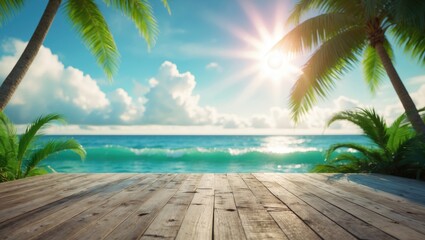 Blurred tropical beach with bokeh sunlight, waves, and palm trees on an empty old wooden table as an abstract background. Nature product presentation. Vintage color filter effect style.