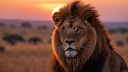 Naklejka premium Lion portrait set against a savanna landscape background during sunset.