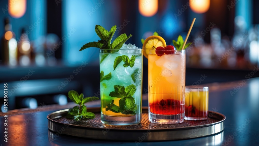 Poster two colorful cocktails featuring mint leaves are displayed on a tray in a refined, softly lit bar en