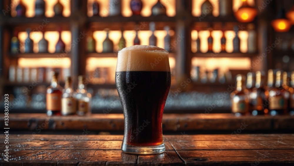 Poster refreshing dark stout craft beer on a counter