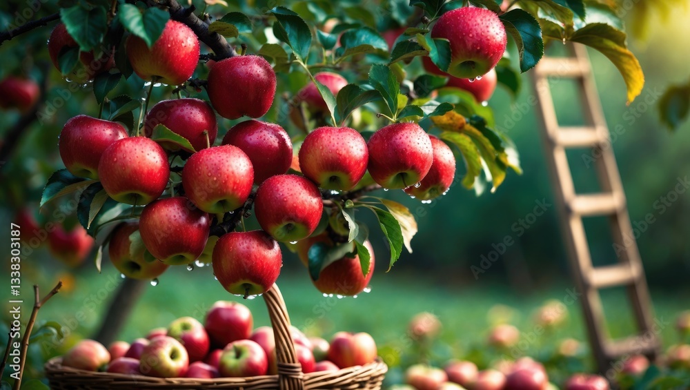 Aufkleber Red apples on a tree. Ripe apples in the orchard ready for picking. Basket of apples.