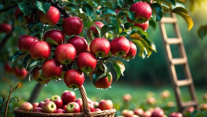 Obraz premium Red apples on a tree. Ripe apples in the orchard ready for picking. Basket of apples.