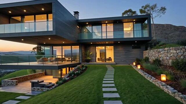 Modern house with flat roof and glass balconies at sunset on a grassy hill with stone pathway lights