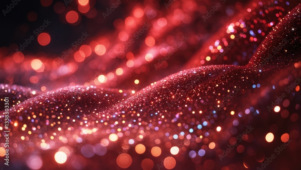 Poster Red glitter bokeh backdrop featuring shimmering light, abstract defocused texture.