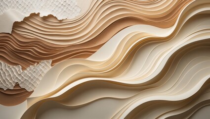 Obraz premium Abstract art background featuring light beige and brown hues. Watercolor technique on canvas exhibiting a sandy wavy gradient. Section of artwork on paper displaying a pearl wave pattern. Texture b...
