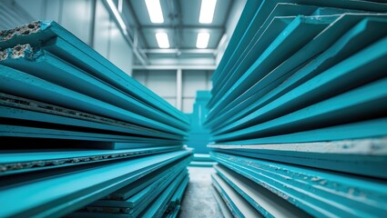 Obraz premium Water-resistant gypsum plasterboard drywall, colored cyan, contains moisture additives in its core to endure high humidity, making it perfect for application in kitchens and bathrooms.