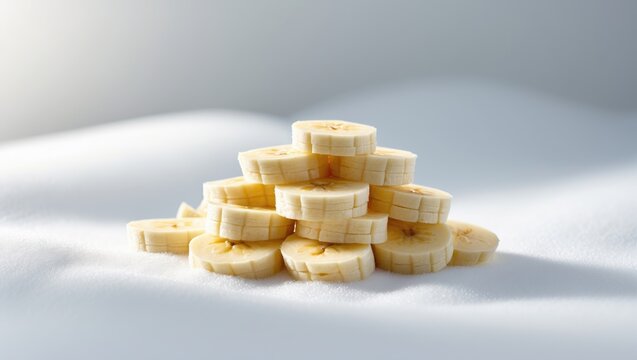 Banana pieces separated against a white backdrop.