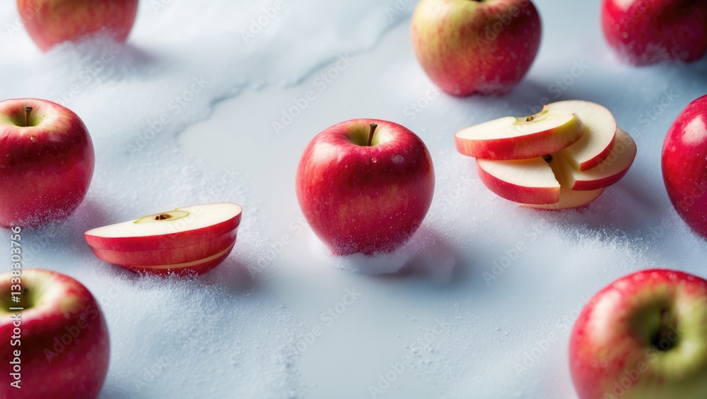 Poster Red apple with a half piece isolated on a white background featuring a clipping path and full depth of field. Top view. Flat lay. Set or collection.