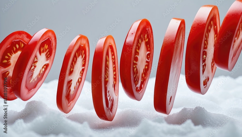 Poster red tomato slices floating in mid-air, isolated on a white background.