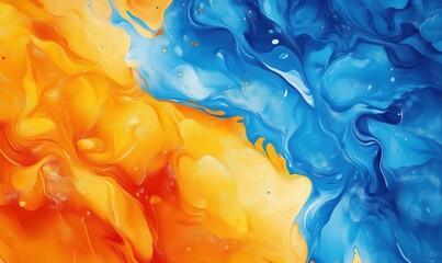 Vibrant abstract fluid art with orange and blue swirling patterns