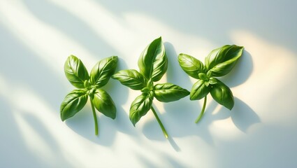 Basil separated. Flat lay of basil leaves on a white backdrop. Collection of green basil leaves viewed from above. Full depth of field.