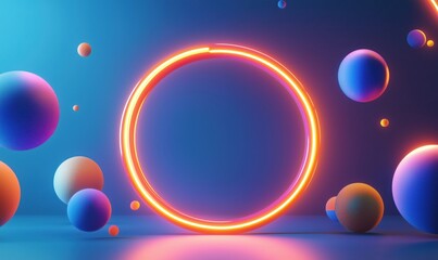 Neon glowing circle surrounded by colorful spheres in vibrant blue background