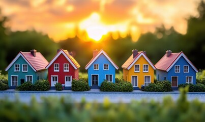 Colorful miniature houses at sunset with vibrant sky and greenery