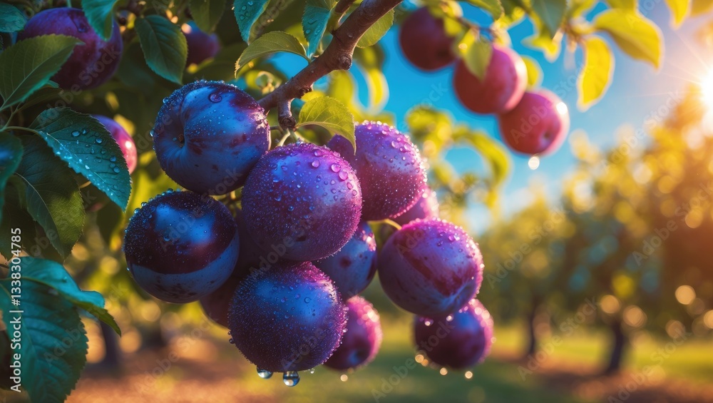 Poster ripe plums hanging on a tree branch within the orchard.