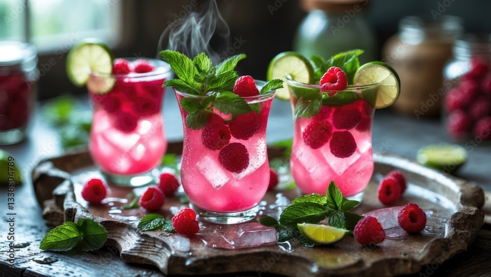Poster raspberry lemonade served in a glass adorned with mint.