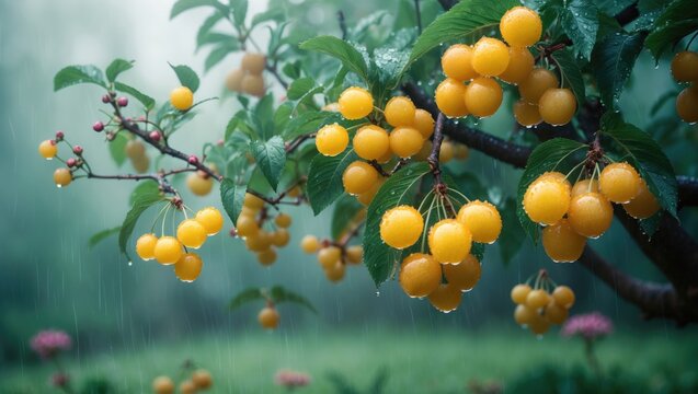 Ripe cherry-plum fruits with raindrops on a tree in the garden. Cultivating cherry-plums.