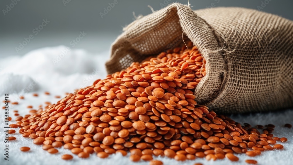 Poster red lentils spilled from a burlap bag against a white background. red lentils in a jute sack. nutrit