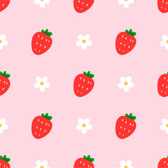 Strawberry flowers summer seamless vector children's pattern. 