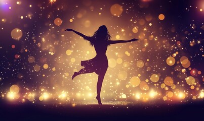 Naklejka premium Silhouette of a joyful dancer against a sparkling golden background