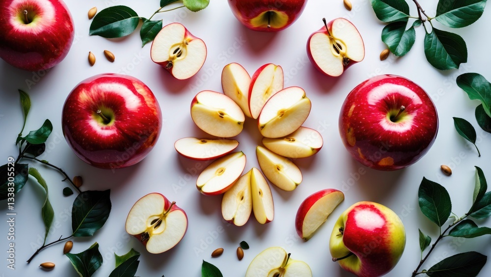 Poster Red apple with sliced pieces isolated on a background. Bird's-eye view. Flat lay. Collection or set.