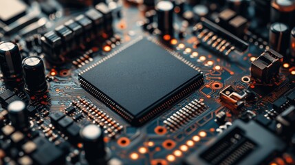 Close-Up of Modern Microchip on Circuit Board with Futuristic Technology Elements