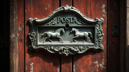 Mail slot letterbox featuring a vintage-style metal design with two horses.