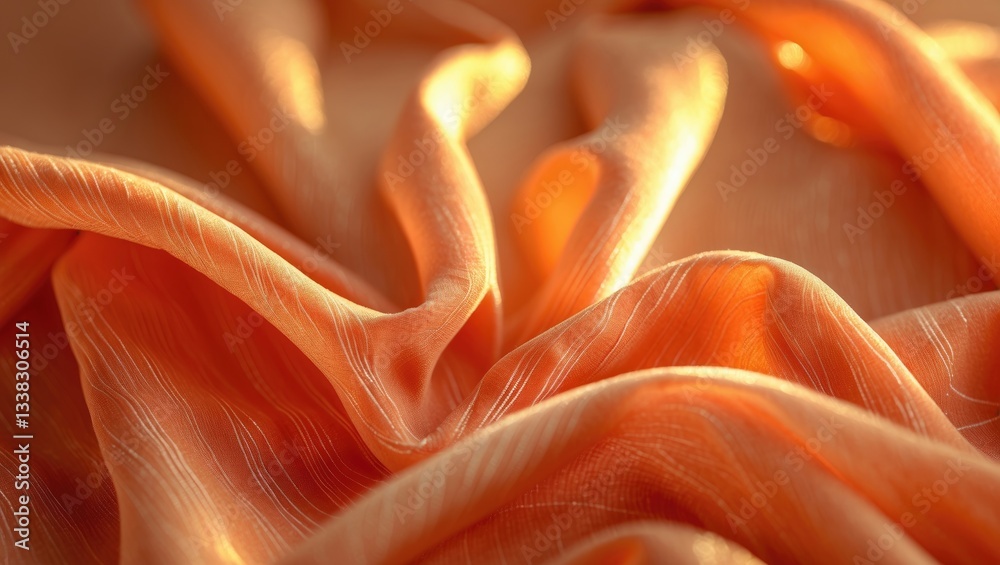 Poster blurred vibrant orange fabric showcasing gentle folds and subtle lines creating a geometric pattern.