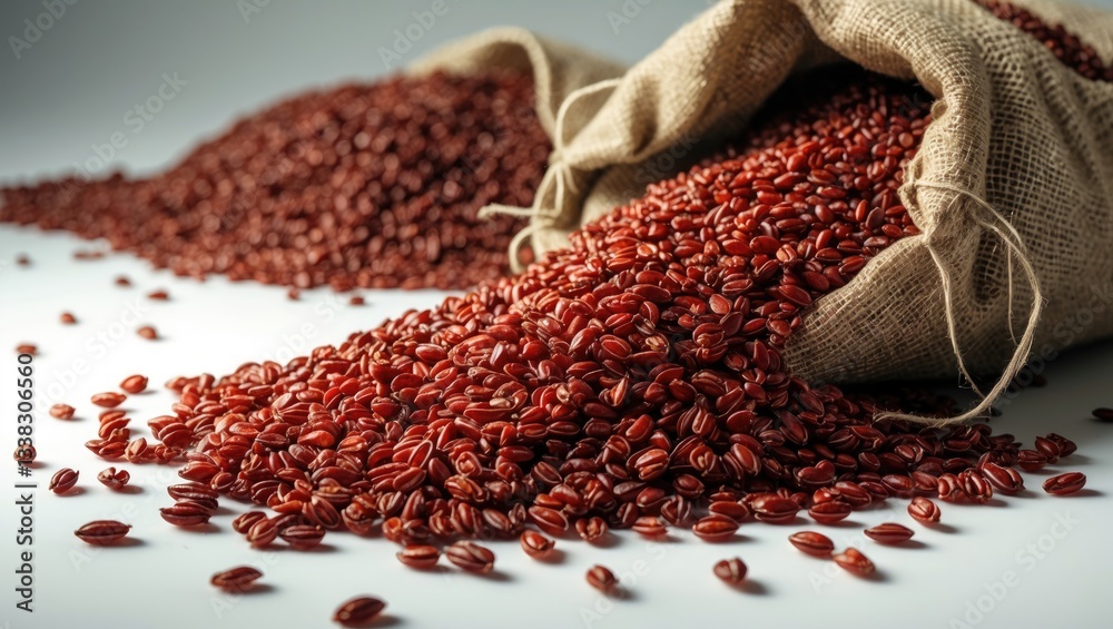 Poster Red quinoa seeds in a sack, isolated against a white background, featuring a clipping path and full depth of field.