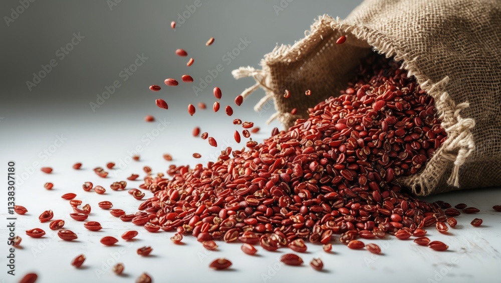 Poster Red quinoa seeds in a bag set against a white backdrop, featuring a clipping path and full depth of field.