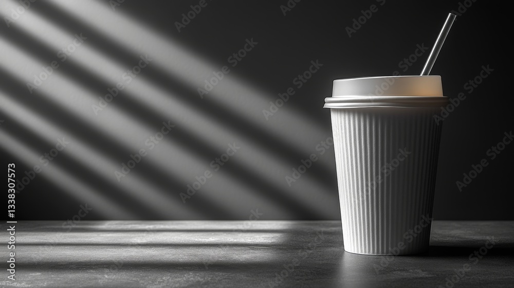 Leinwandbilder a white cup with a straw rests on a textured surface. bright sunlight filters through, casting sharp