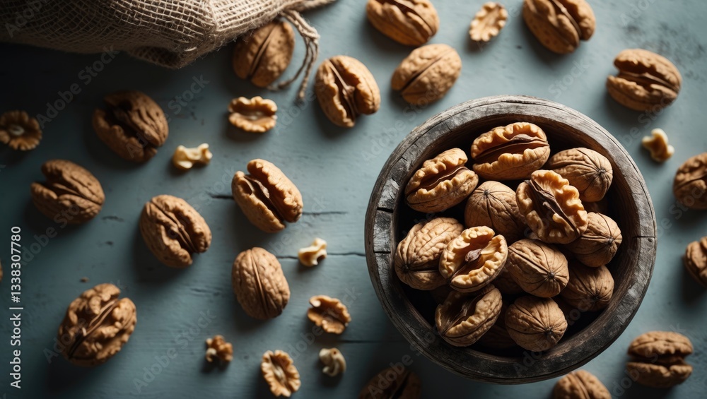Poster Ripe and fresh walnut pieces in a bowl or burlap sack without shell on a rustic table, nutritious nut food for the brain.