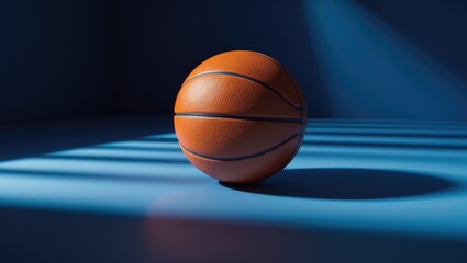 Obraz premium Basketball placed on court beneath spotlight, creating a shadow on the floor, with copy space. Hardwood, game, sports, competition.
