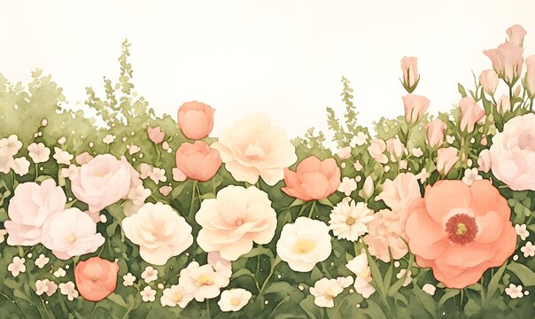 A vibrant watercolor painting of an array of colorful flowers, including roses and peonies, in full bloom, Generative AI