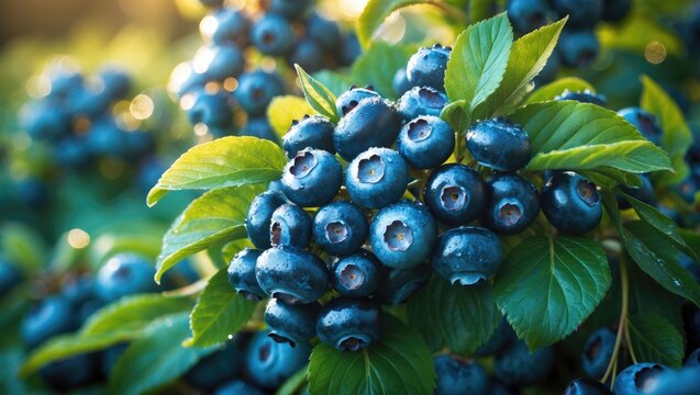 Ripe blueberry fruits on the farm. A surplus of berries on the bush. High yielding variety.