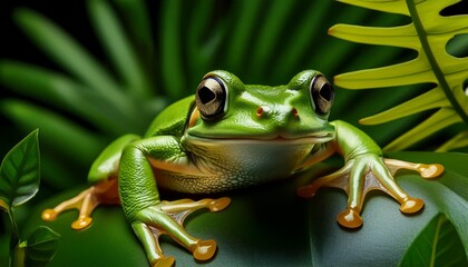Close-up of a vibrant green frog nestled in leaves. Fine details of eyes, skin texture, and natural environment, ideal for wildlife, nature, or macro photography.