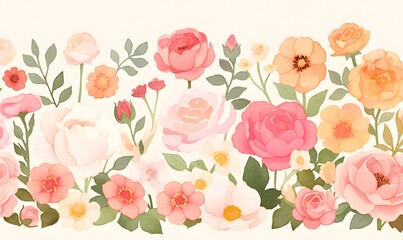 A vibrant watercolor painting of an array of colorful flowers, including roses and peonies, in full bloom, Generative AI