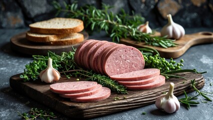 Delicious homemade vegan pea sausage displayed on a wooden board with herbs and garlic against a textured backdrop.