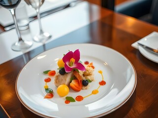 Exquisite Gourmet Dish on White Plate with Wine Glasses.
