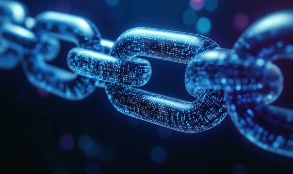 Digital blockchain chain link with glowing binary code and futuristic background