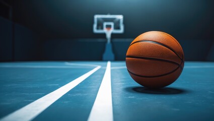 Fototapeta premium Basketball positioned on court, prepared for sports practice.