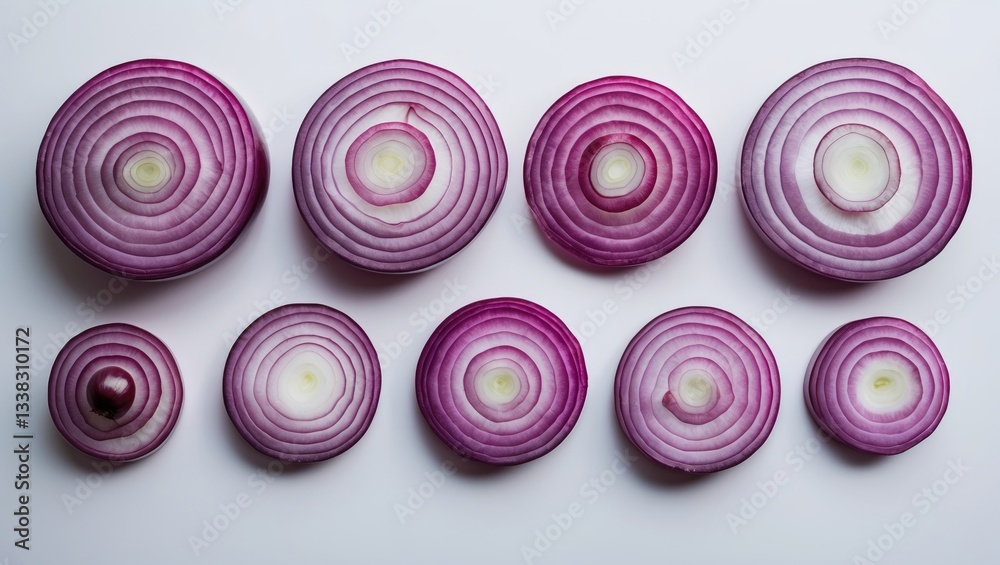 Poster red onion segments separated against a white backdrop, overhead view.